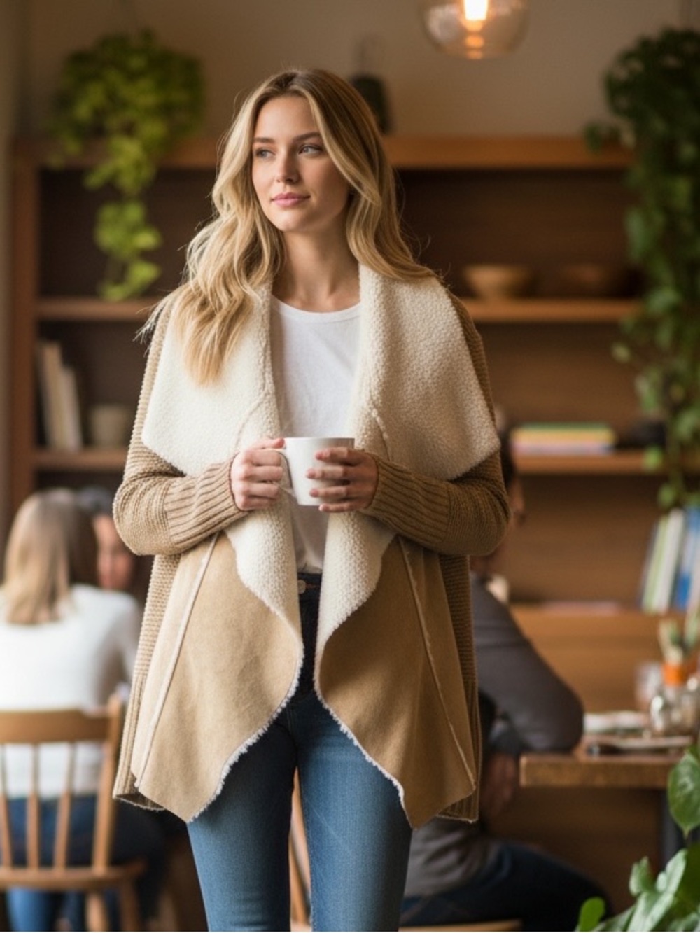 Knox Rose Two-Tone Camel and Cream Draped Open Front Coat